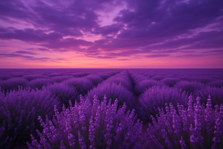 Vibrant lavender fields stretch under a stunning purple sunset. The sky holds dramatic clouds, creating a picturesque evening in natures beauty. A serene and calming landscape awaits.の素材