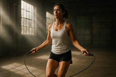 A dedicated woman performs rope skipping in a spacious gym, illuminated by warm light filtering through large windows. She focuses on her fitness routine to enhance stamina and agility.の素材