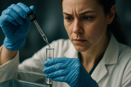 A focused scientist in a laboratory carefully adds liquid from a pipette into a test tube. The environment is filled with scientific equipment and a sense of inquiry.の素材