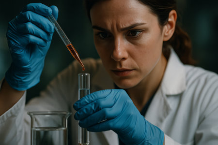 A focused scientist in a laboratory carefully adds liquid from a pipette into a test tube. The environment is filled with scientific equipment and a sense of inquiry.の素材