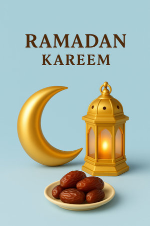 A beautiful lantern glows beside a bowl of dates, symbolizing Eid celebrations against a serene evening sky with a crescent moon. The scene captures the essence of Ramadan.の素材
