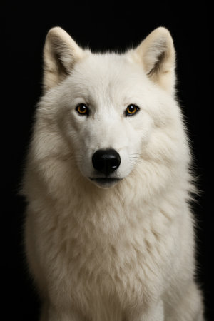 A beautifully furred white wolf stands confidently, gazing at the viewer. Its expressive eyes and soft fur are highlighted against a dark background, emphasizing its natural beauty.の素材