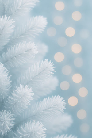 Delicate white tree branches create a serene backdrop, complemented by warm bokeh lights that enhance the festive mood. The soft colors evoke a sense of calm during winter.の素材