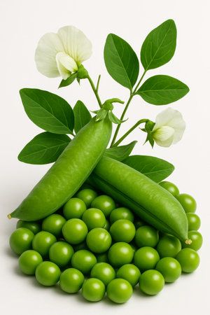 Bright green peas are displayed in an artistic arrangement alongside vibrant leaves and delicate white flowers, showing the freshness and beauty of the produce.の素材