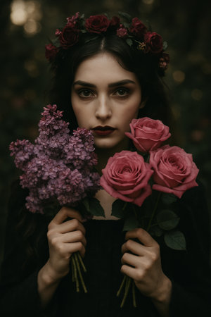 A woman stands in a dimly lit forest, holding bunches of lilacs and roses. She wears a floral crown and gazes directly at the viewer with an intense expression.の素材