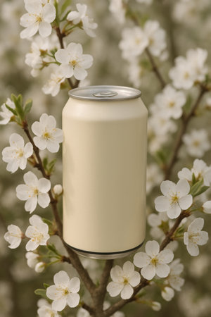 A can of beverage stands out against a backdrop of delicate white blossoms. The spring setting captures the essence of renewal and beauty in nature, highlighting vibrant life.の素材