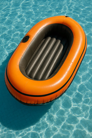 An orange inflatable boat rests gently atop the shimmering surface of a sunny swimming pool. The water reflects light, creating a tranquil and inviting atmosphere.の素材