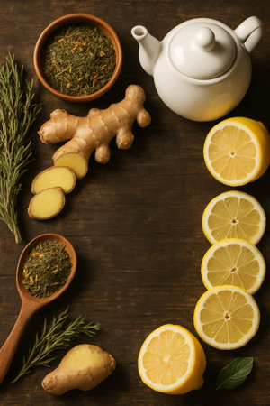 Fresh ginger root, lemon slices, and mint leaves surround two bowls of herbal leaves, with a white teapot ready for brewing. A warm and inviting setup for tea lovers.の素材