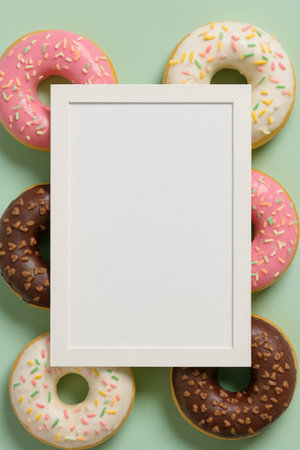 A variety of donuts with pink, white, and chocolate icing arranged around a blank sign on a mint green background, perfect for showing custom messages or promotions.の素材