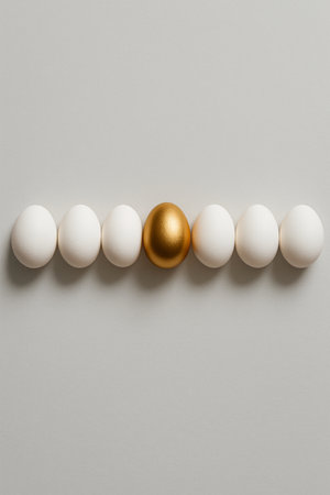 A unique display features a golden egg surrounded by several white eggs arranged neatly in a row on a simple gray surface, showing contrast and creativity.の素材