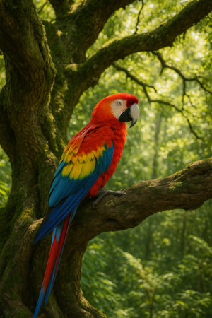 A vibrant parrot with red, blue, and yellow feathers rests on a branch in a green forest. Sunlight filters through leaves, enhancing the natural beauty of the setting.の素材