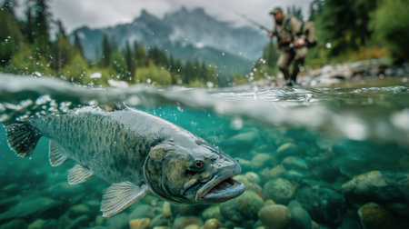 A vibrant fish swims effortlessly in the clear river water, while mountains and dense greenery provide a stunning backdrop.の素材