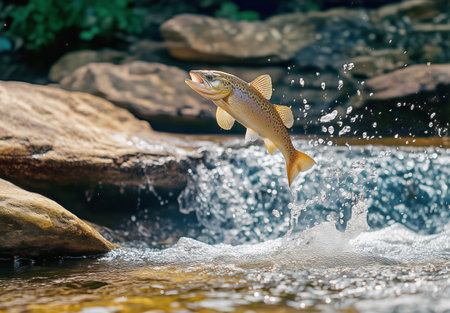 A brown trout leaps from the water, creating splashes as it moves. The setting features a rocky riverbank and clear water under bright daylight, showing natures beauty.の素材