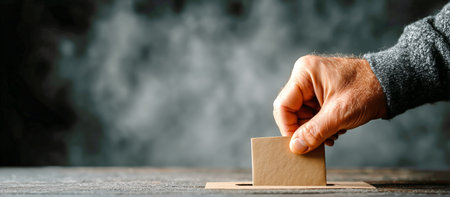A hand is inserting a blank ballot into a slot of a ballot box, symbolizing participation in a democratic election, set against a subtle background.の素材