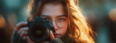 A woman gazes intently as she holds a camera, with raindrops glistening on her hair and city lights blurred in the background, creating a moody atmosphere late at night.の素材