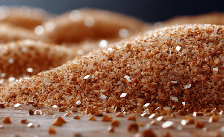The close-up view shows brown sugar granules scattered on a surface, with sparkling crystals catching the light. This evokes a warm and inviting atmosphere perfect for baking.の素材