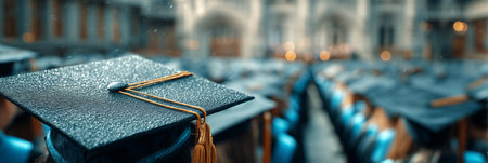 Graduates in caps and gowns sit attentively during a graduation ceremony, rain falling softly on their hats. The atmosphere is filled with excitement and anticipation for the future.の素材