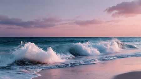 Waves gently crash against the sandy shore as the sun sets, casting vibrant colors across the sky. The calm ocean reflects the soft hues of twilight, creating a peaceful atmosphere.の素材