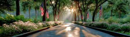 Sunlight streams through tall trees, creating a serene atmosphere in a garden walkway lined with blooming flowers and flags.の素材