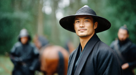A skilled warrior dressed in traditional dark clothing stands amidst a lush forest.の素材
