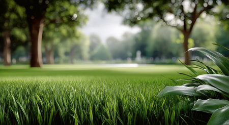 Serenity fills the park with lush green grass stretching across the area, surrounded by tall trees under a clear sky, creating a peaceful natural environment for relaxation.の素材