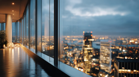 Elegant interior spaces showcase a stunning night view of the city skyline, with illuminated buildings set against a cloudy evening sky and a calm atmosphere.の素材