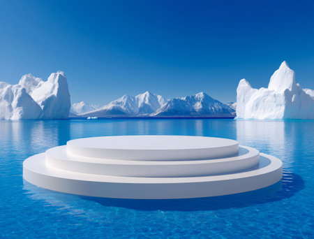 Icy mountains encompassing a calm water body with floating ice. A circular platform sits quietly, reflecting the beauty of a clear blue sky with soft clouds.の素材