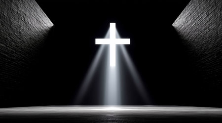 A cross illuminated by beams of light in a dark space evokes a sense of peace and spirituality. The stark contrast highlights the significance of faith and hope in a serene moment.の素材