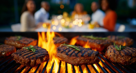 Steaks sizzle on a grill, surrounded by flames and herbs, while friends enjoy a lively dinner outdoors during a warm summer evening.の素材
