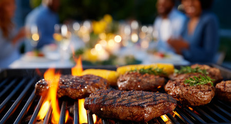 Steaks sizzle on a grill, surrounded by flames and herbs, while friends enjoy a lively dinner outdoors during a warm summer evening.の素材