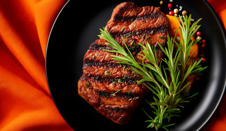 A perfectly grilled steak is placed on a black plate, adorned with fresh rosemary and spices, next to a bright yellow napkin, evoking a warm culinary atmosphere.の素材