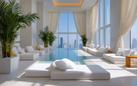 A serene indoor spa features plush loungers by a reflective pool, large windows allowing natural light and ocean views, creating a tranquil atmosphere for relaxation.の素材