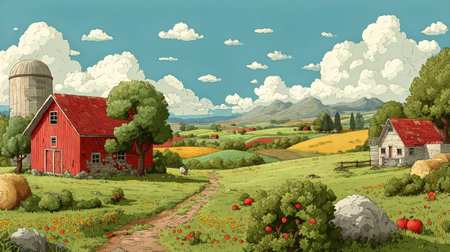A vibrant countryside view features a red barn surrounded by green fields and distant mountains. Fluffy clouds drift overhead, adding charm to the idyllic landscape.の素材