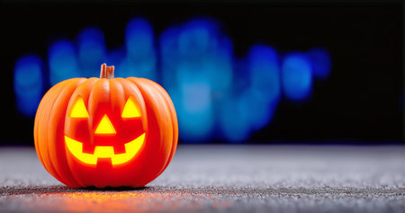 A carved pumpkin with a cheerful face emits a warm glow in the dark. The surroundings are dimly lit, enhancing the Halloween atmosphere with scattered glowing shapes in the background.の素材