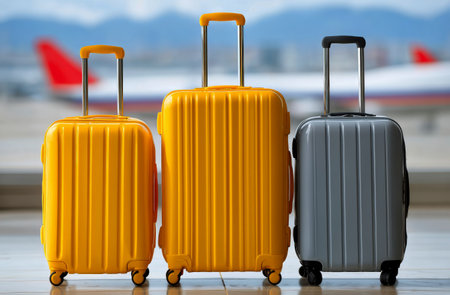 Three suitcases in vibrant colors stand at the airport, ready for travel. The bright yellow and sleek gray bags reflect excitement and adventure ahead.の素材