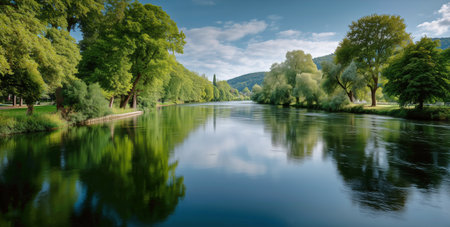 The river flows peacefully as the sun shines down, creating vibrant reflections of the surrounding greenery. Trees line the bank, enhancing the serene atmosphere of the location.の素材