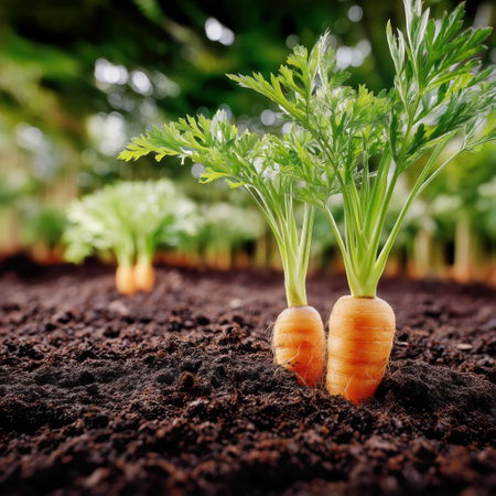 Orange carrots emerge from dark earth, showing their vibrant green tops. Surrounding vegetation thrives under the warm sunlight in a lush garden setting.の素材