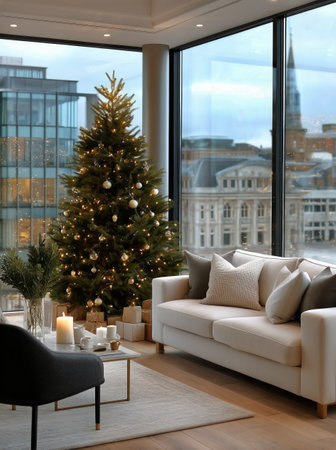 Decorated Christmas tree stands in a modern living room, with an elegant sofa and candles on a coffee table. A beautiful city skyline can be seen through large windows at dusk.の素材