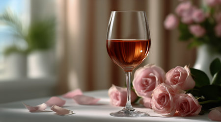 A delicate glass filled with rose wine rests on a table near fresh pink roses, while soft sunlight illuminates the room, creating a warm and inviting atmosphere.の素材