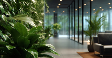 A spacious office interior features abundant green plants, natural light streaming through large windows, and contemporary furniture creating a serene work environment.の素材