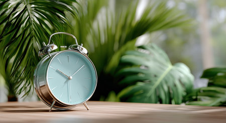 A vintage-style clock sits on a wooden table, with lush tropical plants in soft focus behind it, creating a serene atmosphere during daylight.の素材