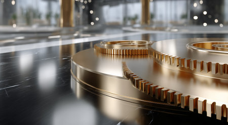 Close-up view of shiny metallic gears spinning amidst swirling steam in an industrial setting, showing the power and precision of machinery at work.の素材