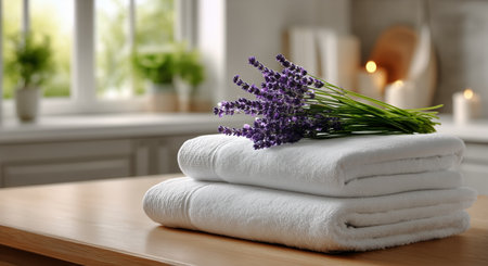 Fluffy white towels rest on a wooden countertop, adorned with fresh lavender sprigs. Natural light filters through a nearby window, creating a calming, spa-like atmosphere.の素材