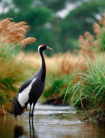 A solitary crane stands gracefully in shallow water, surrounded by tall golden grasses under a soft morning light, highlighting the beauty of nature.の素材