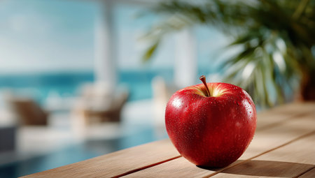A shiny red apple with green leaves sits on a marble table, reflecting sunlight. The serene pool in the background creates a refreshing atmosphere.の素材