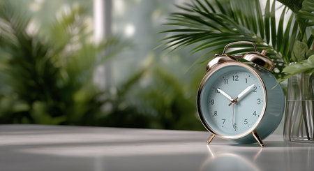 A vintage alarm clock sits on a table while surrounded by vibrant green plants. Sunlight filters through, creating soft shadows and illuminating the clocks details.の素材
