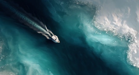 A small boat glides through deep turquoise waters surrounded by floating icebergs. Sunlight reflects on the water, creating a serene atmosphere in a remote location.の素材