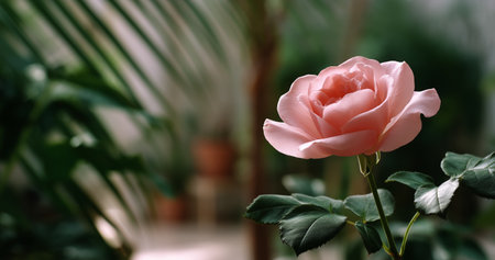A soft pink rose stands out beautifully against the greenery in a greenhouse. Sunlight filters through, illuminating the petals and leaves.の素材