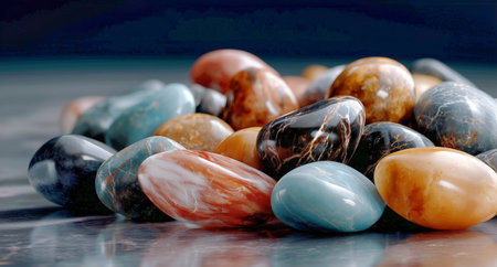 A colorful assortment of polished stones rests on a reflective surface, showing a variety of textures and hues under soft lighting in a serene setting.の素材