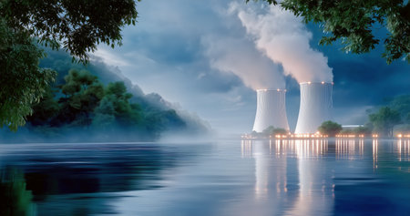 Cool mist rises from a nuclear power plants towers as steam escapes into the evening sky, reflecting softly on the calm lake surrounded by greenery at dusk.の素材